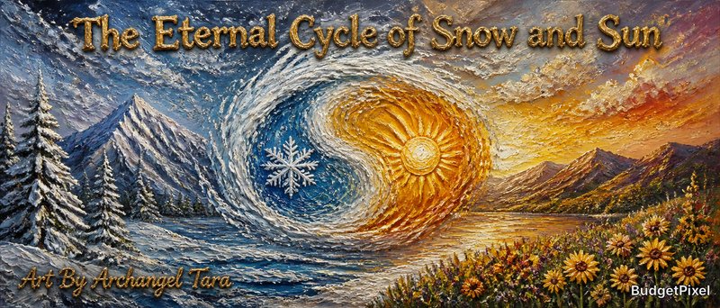 The Eternal Cycle of Snow and Sun — a spiral artwork showing sun and snow swirling over mountains with sunflowers.