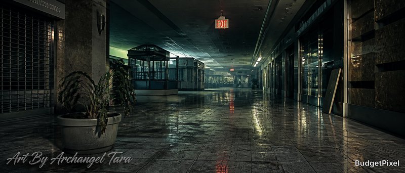 Dimly lit, empty shopping mall corridor with wet floor reflections and potted plants.