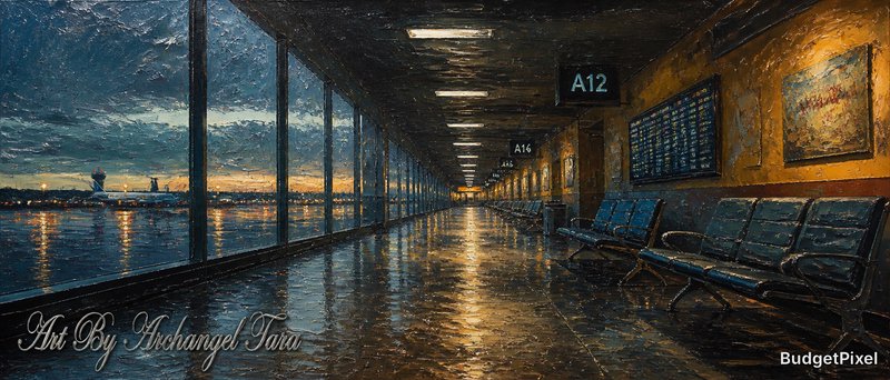 Long airport terminal corridor with glass walls, sunset reflections on a wet floor, and blue seating.