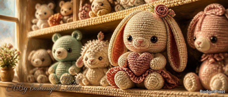 Crocheted stuffed bunnies and bears on a warm wooden shelf with soft lighting