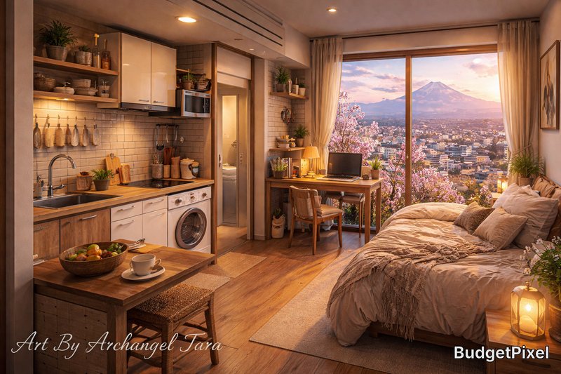 Cozy studio apartment with a warm kitchen, desk, and bed overlooking a cityscape with distant mountains.