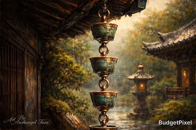 Tiered turquoise bowls hanging on a chain in a rainy Asian garden with a pagoda and stone lantern