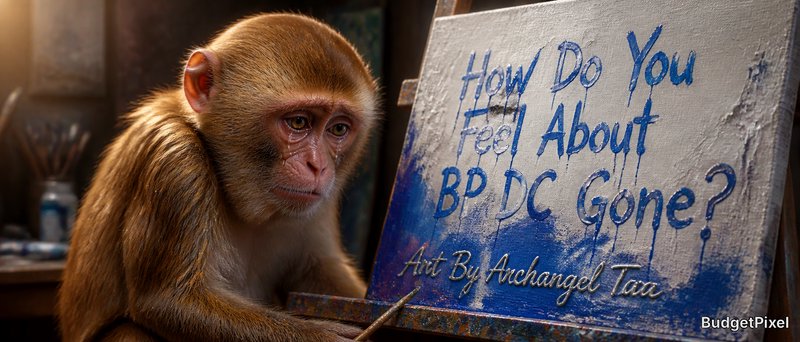 Capuchin monkey painting on a canvas with a blue text message, in a cozy studio setting.