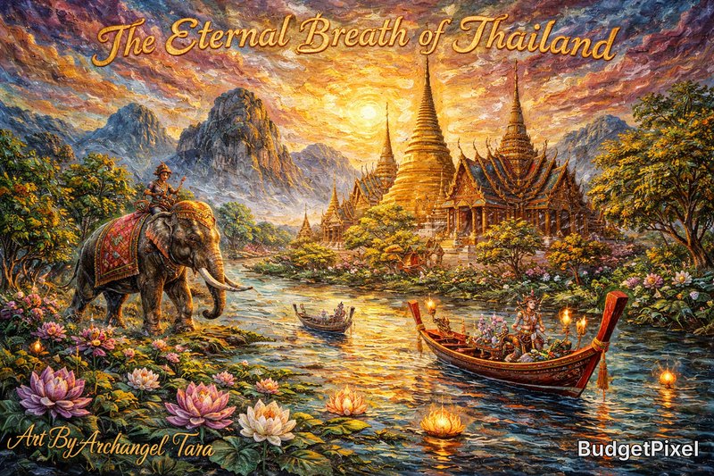Vibrant Thai river scene with ornate temples, an elephant rider, boats, and blooming lotus flowers at sunset.
