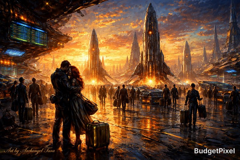 Futuristic city port at sunset with towering spires and travelers—couple embraces in foreground.