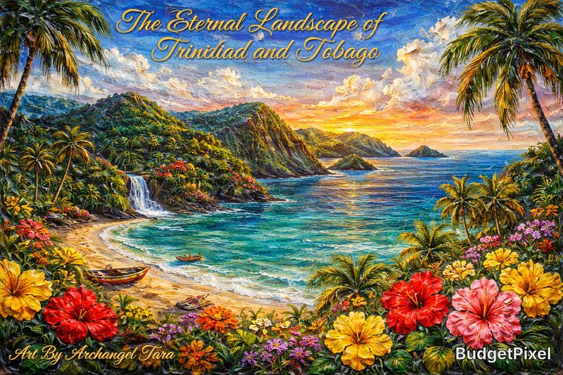 Vibrant tropical coastline painting of Trinidad and Tobago with palm trees, mountains, turquoise sea, and colorful flowers.