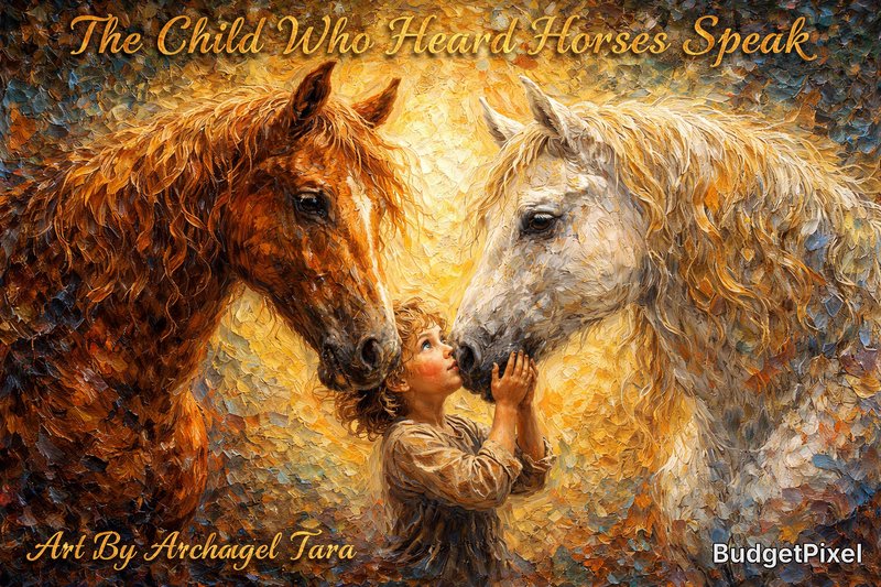 A child tenderly touches two horses, one brown and one white, in a warm, impressionist-inspired scene.