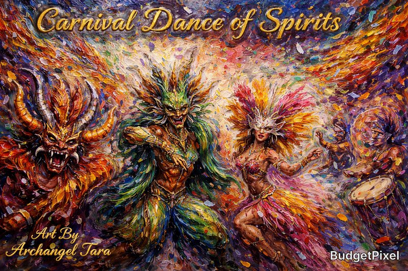 Vivid carnival dancers in colorful costumes and masks performing a spirit-themed dance.
