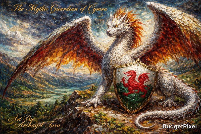 Mythic dragon guardian with silver scales and fiery wings perched on rocks beside a shield-bearing shield over a Welsh