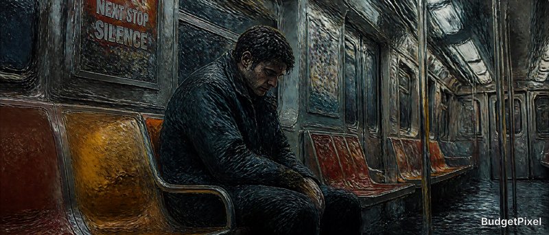 Man seated alone in a dim subway car, head down, moody urban solitude.