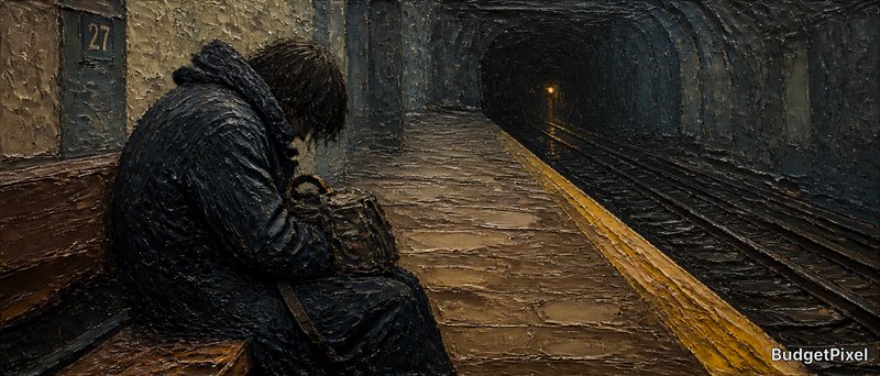 Lonely figure sits on a rain-soaked subway platform as a train approaches in a dark tunnel.