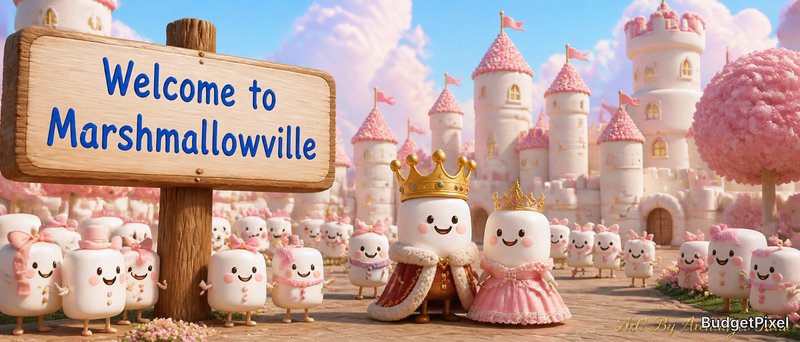Whimsical marshmallow king and queen in a candy castle village with smiling marshmallow characters.