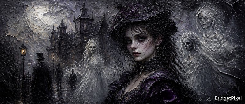 A gothic portrait of a dark-haired woman in purple with ghostly figures in a moody, foggy urban scene.