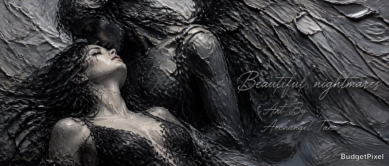 Woman in dark mud artwork, reclining against a textured black surface with a moody fantasy vibe