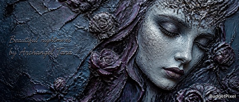 Textured relief sculpture of a woman’s face with closed eyes and roses in dark blue-purple tones