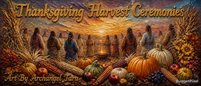 Thanksgiving harvest ceremony with people around a fire, pumpkins, corn, and sunflowers at sunset.
