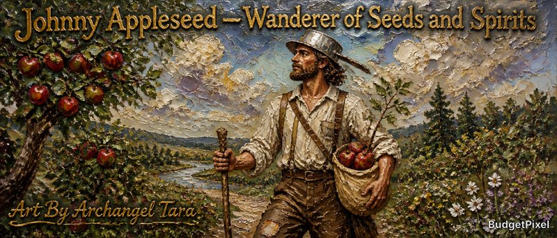 Painterly scene of Johnny Appleseed in an orchard with a basket of apples and a walking stick.