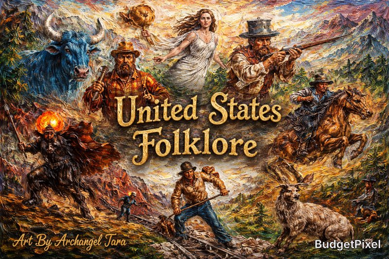 Vibrant mural of United States folklore heroes—cowboys, riders, a woman, a buffalo, and rugged mountains.