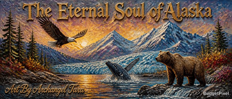 Alaskan landscape painting with a bear, eagle, whale, and snow-capped mountains at sunset.