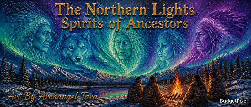 Campers by a campfire under the aurora with ancestral faces in the northern lights