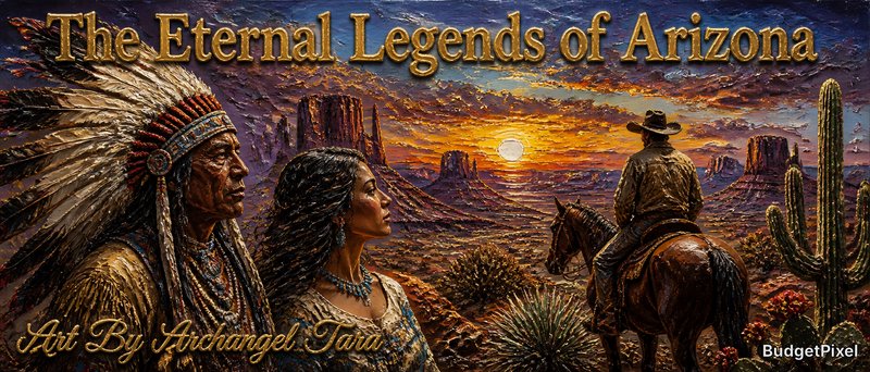 Desert sunset in Arizona with a Native American man in a headdress, a jeweled woman, and a cowboy on horseback.