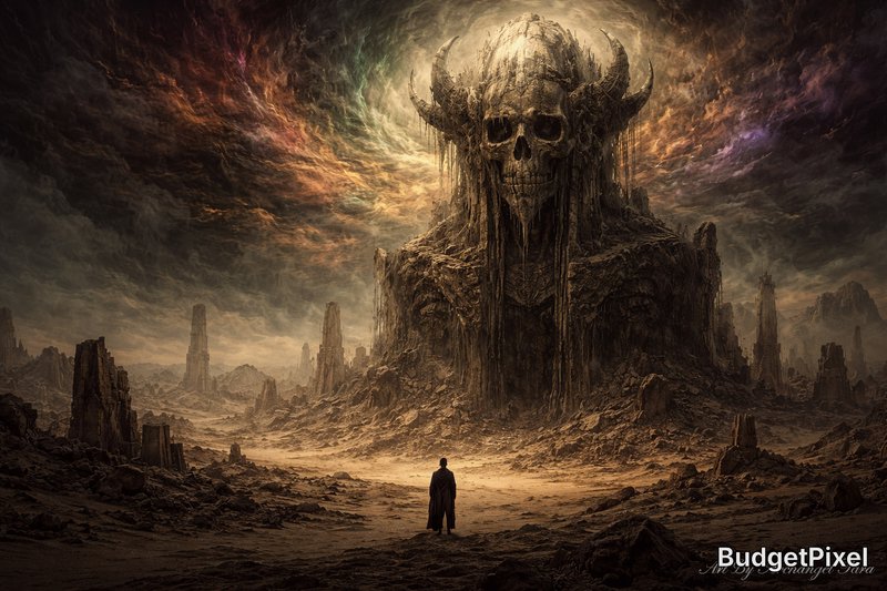 A lone cloaked figure faces a colossal skeletal skull throne carved into a jagged rocky landscape.