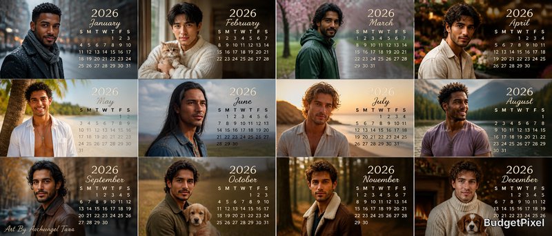 Collage calendar 2026 featuring a man in different outfits with dogs across monthly cards.