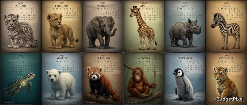 Collage of 2026 monthly calendar pages featuring cute wildlife illustrations (snow leopard, lion cub, elephant, giraffe
