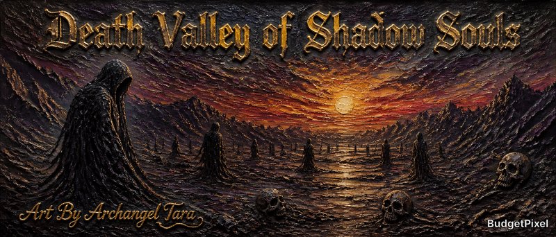 Hooded figures in a desolate, skull-strewn valley at sunset, dark fantasy artwork.
