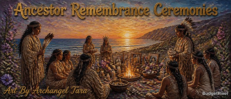 Native American ancestors remembrance ceremony around a campfire at sunset by the coast.