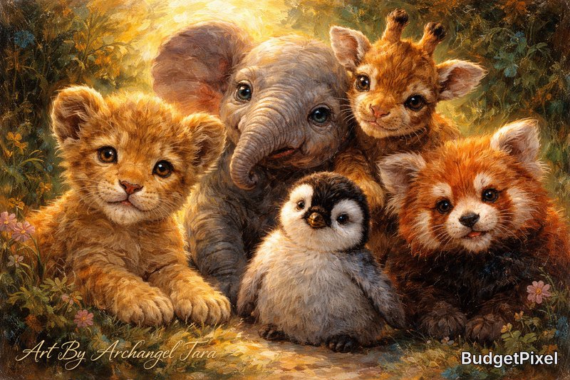 Group of adorable baby animals—a lion cub, tiger cubs, an elephant calf, and a penguin chick in a sunlit forest.