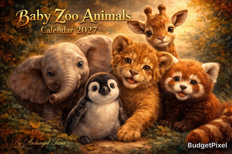 Group of adorable baby zoo animals—elephant, tiger cubs, penguin, and red panda in a warm forest scene.