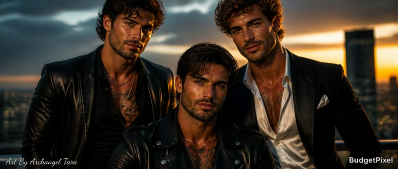 Three rugged men in leather jackets posing on a rooftop at sunset with a city skyline behind.