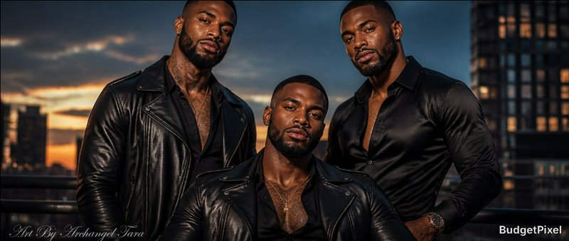 Three stylish men in black leather jackets posing on a city rooftop at sunset.