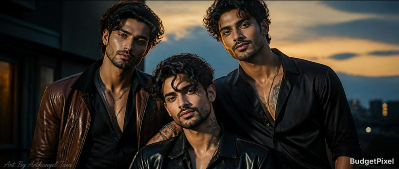 Three stylish men in black and brown leather jackets posing on a rooftop at sunset.