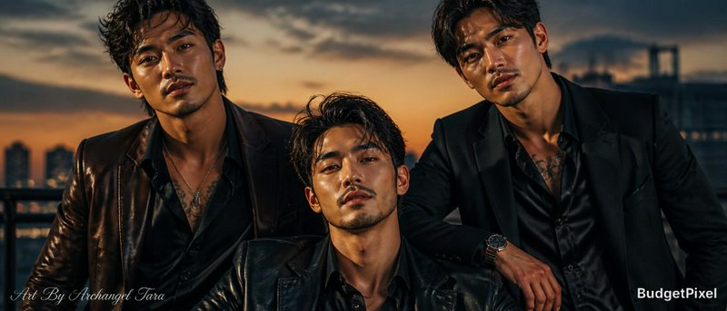 Three stylish men in black leather jackets posing at sunset on a rooftop.