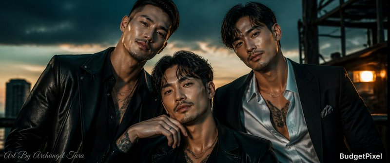 Three stylish men in dark jackets posing on a rooftop at sunset with a moody city skyline backdrop.