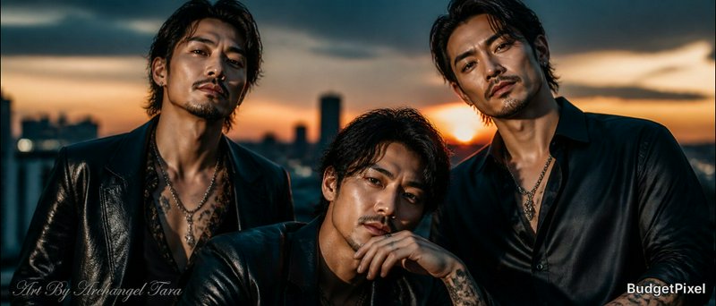 Three stylish men in leather jackets posing at sunset on an urban rooftop.