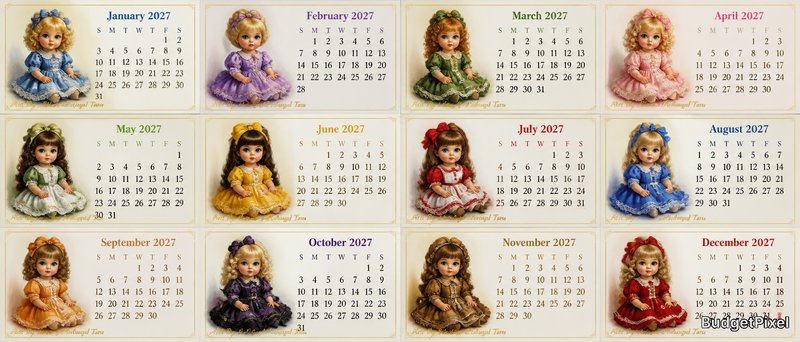 Calendar collage with 12 months featuring vintage-style dolls in pastel outfits.