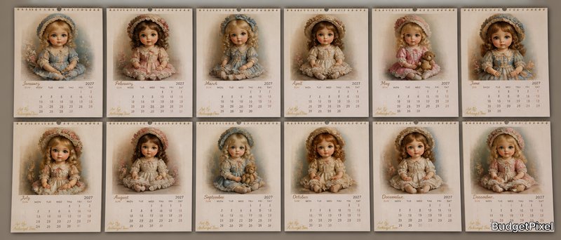 Row of vintage-style calendar cards featuring porcelain dolls in pastel outfits.