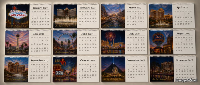 Wall calendar with 2027 monthly pages showcasing Las Vegas landmarks and neon cityscapes.