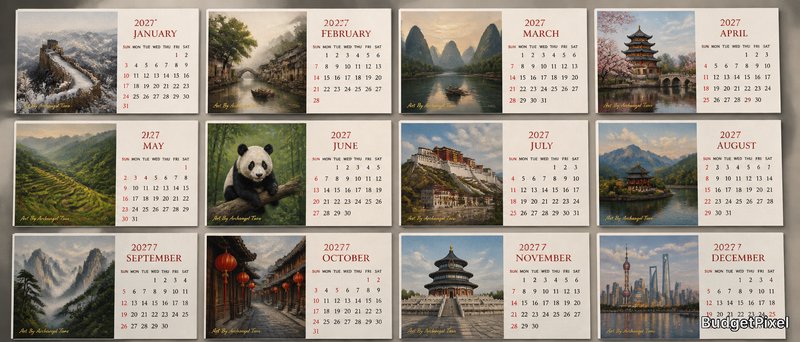 2027 calendar collage featuring landscapes, temples, pandas, and scenic water views.