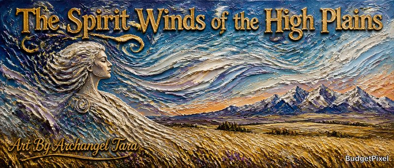 Textured fantasy cover art of a wind-spirit sweeping over the High Plains with mountains in the distance.