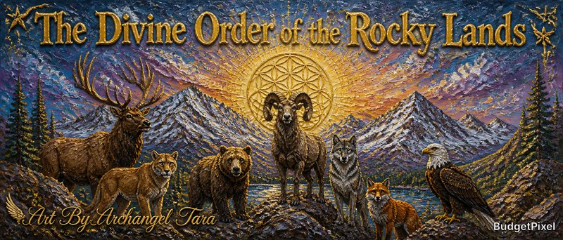 Colorful fantasy wildlife scene featuring elk, bear, ram, wolf, lynx, and eagle against rugged mountains and a radiant