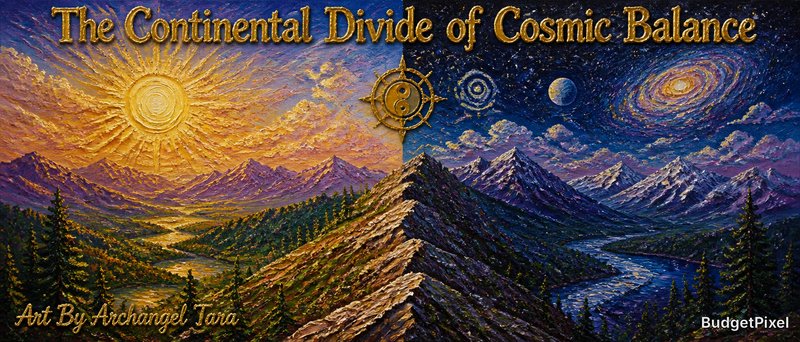 Epic painting of a continental divide with sun, mountains, river, and a cosmic night sky.