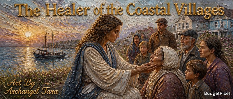 Painting of Jesus healing an elderly woman by the seaside at sunset with watching villagers.