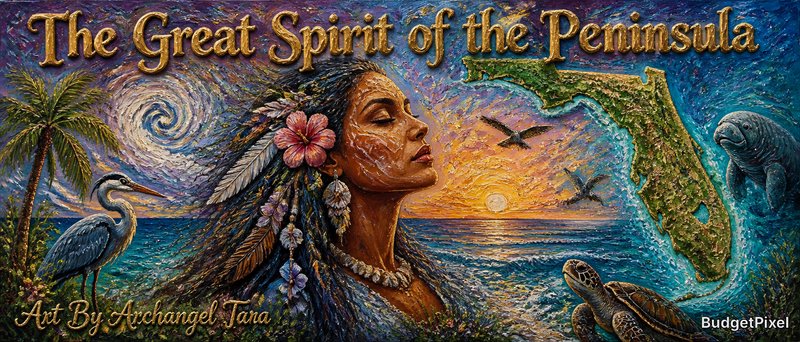 Colorful mural featuring a Native woman with flowers and feathers, palm tree, sea, sunset, and a green peninsula map.