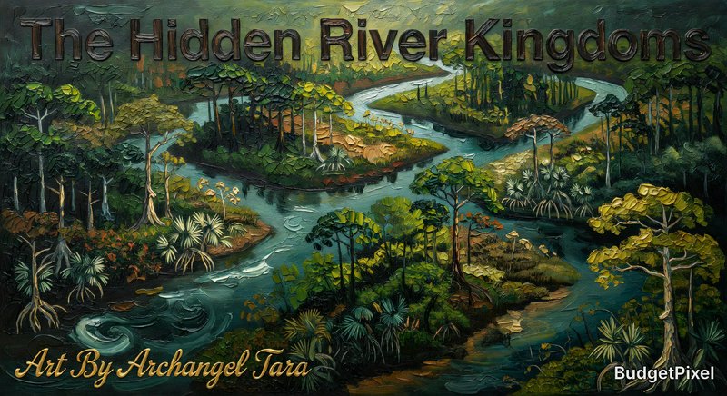 Vibrant tropical river winding through lush jungle in a textured fantasy painting titled The Hidden River Kingdoms.