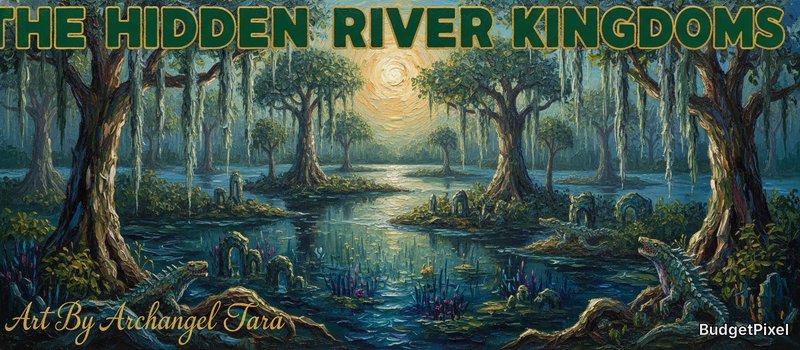 Fantasy swamp landscape with towering trees, sunlight over a winding river and ancient ruins.