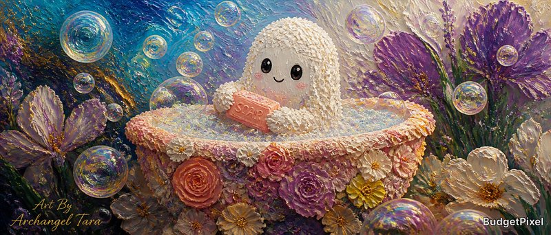 Whimsical white fluffy character in a pastel flower-covered tub, surrounded by bubbles and bright blooms.